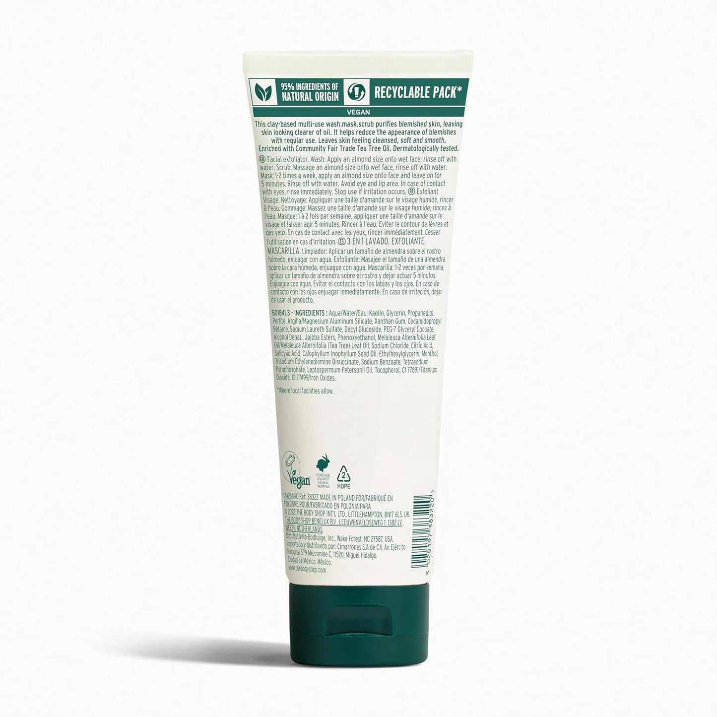 Tea Tree 3 in 1 Wash Scrub & Mask – Purifying Vegan Skincare for Oily, Blemished Skin – 4.2 Oz