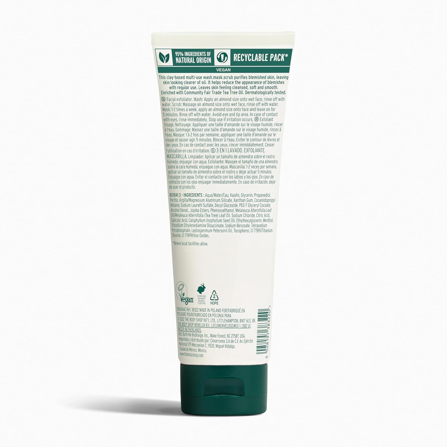Tea Tree 3 in 1 Wash Scrub & Mask – Purifying Vegan Skincare for Oily, Blemished Skin – 4.2 Oz