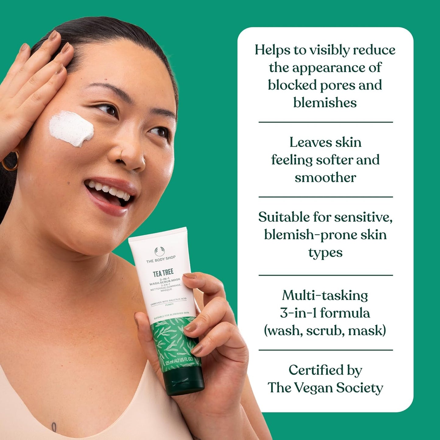 Tea Tree 3 in 1 Wash Scrub & Mask – Purifying Vegan Skincare for Oily, Blemished Skin – 4.2 Oz